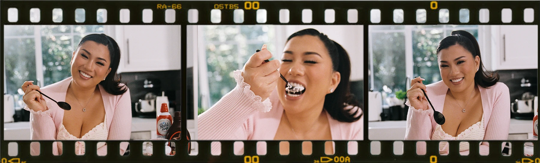 Film strip with four photos of Remi in her kitchen